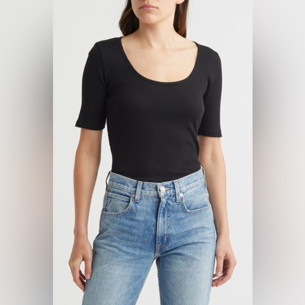 Nation LTD Lark Scoop Neck Ribbed Tee T Shirt Black Size Extra Small